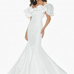 In Stock Ashley Lauren 11041 Size 6 Off Shoulder Mikado Bridal Gown With Oversized Ruffle Mermaid Dresses