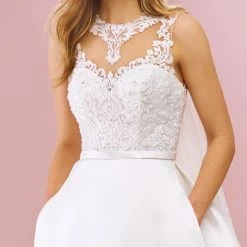 White One Bridal RAVEENA Pronovias Wedding Dress Mikado A Line Sheer Lace Neckline