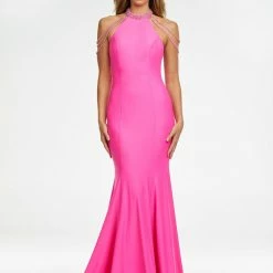 Ashleylauren Ashley Lauren 11170 High Neck Jersey Evening Gown With Beaded Shoulder Draping Mermaid Dresses