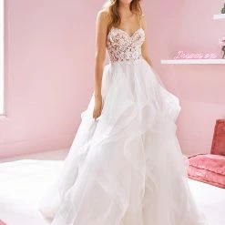 Ballgown Dresses White One Bridal RINA Pronovias Wedding Dress Sheer Lace Bodice Ruffle Tulle Gown