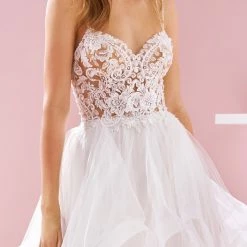 Ballgown Dresses White One Bridal RINA Pronovias Wedding Dress Sheer Lace Bodice Ruffle Tulle Gown