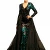 Discontinued Johnathan Kayne 9239 Long Sleeve Mermaid Prom Dress With Overskirt Stretch Sequins