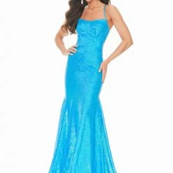 In Stock Mermaid Dresses Ashley Lauren 11024 Sz 10 Neon Blue Sequin Prom Dress With Lace Up Back Pageant Gown