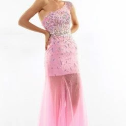 In Stock CLEARANCE Riva Prom Dress Bubblegum Size 6 One Shoulder Sheer Skirt Long