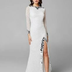 In Stock Primavera Couture 3614 Sz 4 Ivory Long Sleeve Prom Dress Fitted Formal Cut Glass Beaded Gown Long Sleeve Dresses