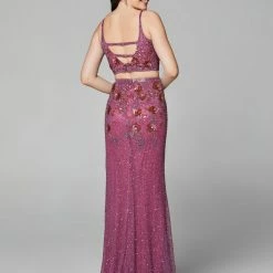 In Stock Primavera Couture 3647 Size 8 Raspberry Beaded Two Piece Prom Dress Backless Slit Backless Dresses