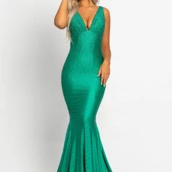 Johnathan Kayne 9213 Hot Stone Prom Dress Ruched V Neckline Long Fitted Pageant Gown