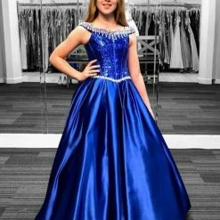 In Stock Ritzee Girls 7707 Size 10 Long Satin Pageant Dress Sequin Off The Shoulder Ballgown Tassel Ballgown Dresses