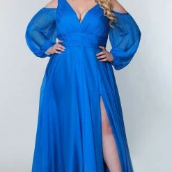 Johnathan Kayne For Sydney's Closet JK2205 Chiffon Prom Dress Cold Shoulder Long Sleeve Plus Sized JK 2205 Long Sleeve Dresses