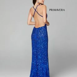 In Stock Primavera Couture 3295 Blue Prom Dress V Neckline Sequins Backless Slit Formal Evening Gown Size 2 Backless Dresses