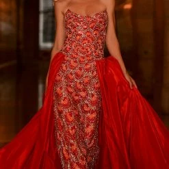 Jovani S04603 Orange Couture Pageant Dress Overskirt Beaded Gown Red Carpet Sequin Dresses