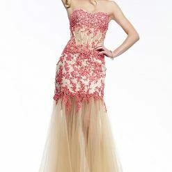 In Stock Corset Dresses Riva Designs 9723 Size 8 Long Sheer Corset Lace Formal Prom Dress Pageant Gown