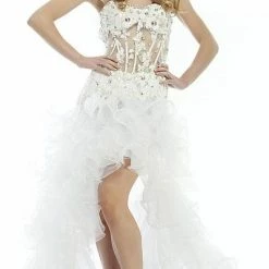 In Stock Corset Dresses Riva R9738 Black Size 0,4 Prom Dress Corset Sheer High Low Lace Organza Gown