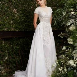 Jovani Bridal S50581 Short Sleeve Beaded Wedding Gown Overskirt Lace Couture Dress