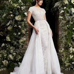 Jovani Bridal S50581 Short Sleeve Beaded Wedding Gown Overskirt Lace Couture Dress