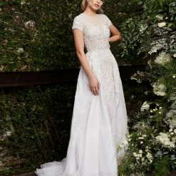 Jovani Bridal S50581 Short Sleeve Beaded Wedding Gown Overskirt Lace Couture Dress