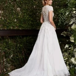 Jovani Bridal S50581 Short Sleeve Beaded Wedding Gown Overskirt Lace Couture Dress