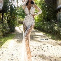 Long Sleeve Dresses Jovani Couture S59005 Long Sleeve Fitted Dress Sheer Sexy V Neck Nude Gown