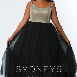 In Stock Sydney's Closet 7265 Holographic Gold Size 14 Prom Dress Plus Sized Scoop Neckline