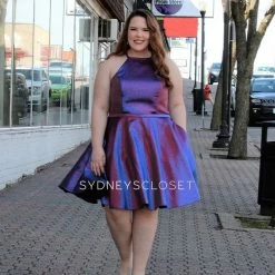 In Stock Corset Dresses Sydney's Closet SC 8103 Peacock Cocktail Dress Sz 22 Short Flare Metallic High Neck Pockets