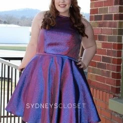 In Stock Corset Dresses Sydney's Closet SC 8103 Peacock Cocktail Dress Sz 22 Short Flare Metallic High Neck Pockets