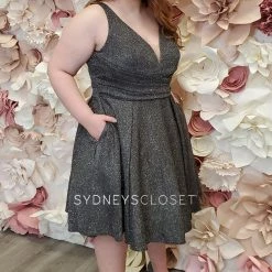 Sydney's Closet 8108 Short Metallic Shimmer V Neck Cocktail Dress Prom Homecoming Metallic Dresses