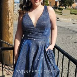 Sydney's Closet 8108 Short Metallic Shimmer V Neck Cocktail Dress Prom Homecoming Metallic Dresses