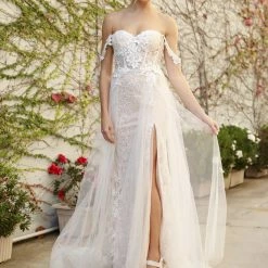 Nox Anabel E441 Off The Shoulder Sheer Lace Wedding Dress Slit Overskirt Bridal Gown Boho