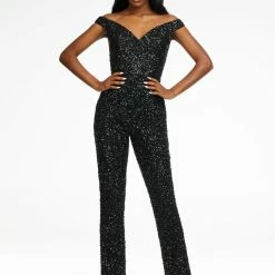Ashleylauren Ashley Lauren 11175 Off The Shoulder Sequin Jumpsuit Pageant Wear Jumpsuits & Rompers