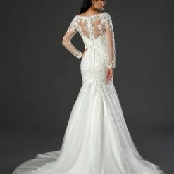 In Stock Mermaid Dresses Stella Couture 21090 Size 12 Long Sleeve Sheer Lace Mermaid Wedding Dress Bridal Gown