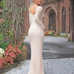 Discontinued Long Sleeve Dresses Primavera Couture 3173 Pewter Long Sleeve Beaded Evening Gown