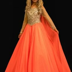 In Stock Sugar Kayne C138 Girls And Preteens Pageant Dress Ballgown Long Sheer Sleeves Cape Hot Coral Size 8