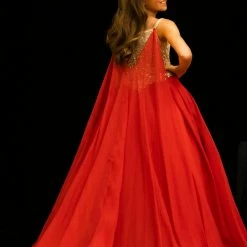 In Stock Sugar Kayne C138 Girls And Preteens Pageant Dress Ballgown Long Sheer Sleeves Cape Hot Coral Size 8