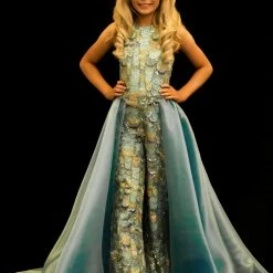 Sugar Kayne C141 Girls Pageant Jumpsuit Scalloped Sequins Organza Overskirt