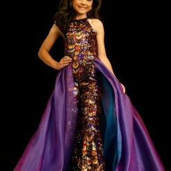 Sugar Kayne C141 Girls Pageant Jumpsuit Scalloped Sequins Organza Overskirt