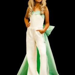 In Stock Sugar Kayne C142 White/Aqua Girls Jumpsuit Size 10 Pageant Wear Fun Fashion Oversized Bow Jumpsuits & Rompers