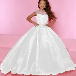 Sugar Kayne C168 Long A Line Girls Pageant Dress Sheer High Neckline Kids Ball Gown