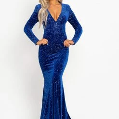 Johnathan Kayne 2045 Crystal Velvet Long Sleeve Prom Dress Pageant Gown With Train Long Sleeve Dresses