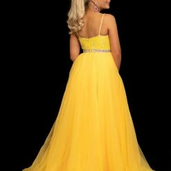 In Stock Sugar Kayne C117 Size 6 Yellow Girls Pageant Dress Overskirt Column Lace Organza