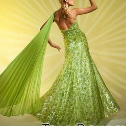 In Stock Tony Bowls 11253 Size 8 Long Sequin One Shoulder Pageant Dress Cape Formal Dress
