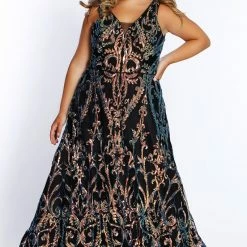 Sydney Tease Prom TE2106 Long A Line Sequin Formal Dress Plus Size Corset V Neck Gown