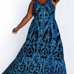 Sydney Tease Prom TE2106 Long A Line Sequin Formal Dress Plus Size Corset V Neck Gown