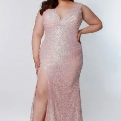 In Stock Tease Prom TE2201 Size 14 Sydneys Closet Long Fitted Sequin Plus Size Prom Dress Slit