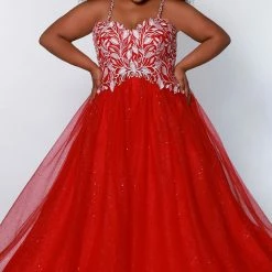 In Stock Ballgown Dresses Sydney's Closet SC7329 Size 14 Glitter And Lace Prom Dress Ball Gown Plus Sized SC 7329