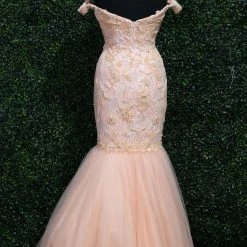 In Stock Mermaid Dresses Envious Couture 0680 Size 4 Shimmer Lace Pearl Off The Shoulder Mermaid Formal Dress