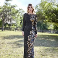 Discontinued Primavera Couture 3371 Floral Sunflower Beading Long Sleeve Evening Gown Long Sleeve Dresses