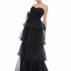 In Stock Ashley Lauren 1709 Black Prom Dress Size 4 Sweetheart Neckline Tiered Tulle Long Skirt