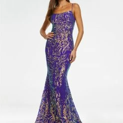 Ashleylauren Ashley Lauren 11114 Spaghetti Strap Stretch Sequin Gown With Lace Up Back Mermaid Dresses