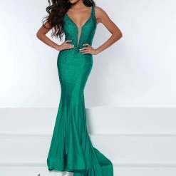 Johnathan Kayne 2305 Evening Pageant Prom Dress V Neckline Embellished Mermaid Train Mermaid Dresses