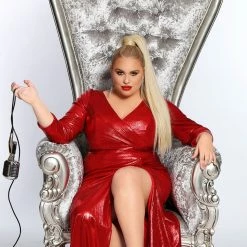 Sydney's Closet CE2015 Metallic Evening Dress Plus Sized Long Sleeves Slit CE 2015